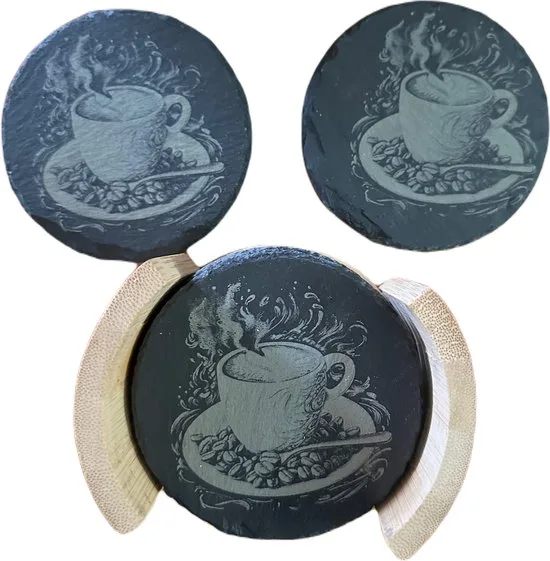 Secret de Gourmet Onderzetters in bamboe houder - 6x - antraciet - leisteen - 10 cm - type koffie