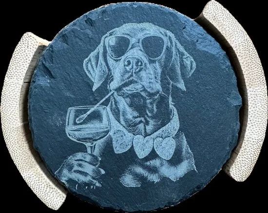 Secret de Gourmet Onderzetters in bamboe houder - 6x - antraciet - leisteen - 10 cm - type Hond
